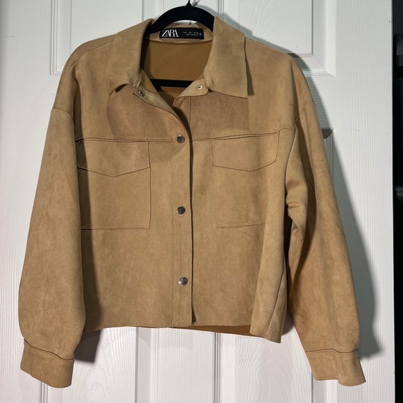 Zara Suede Feel Trucker Jacket Beige Button Down Long Sleeve Women's Large Fall - Picture 1 of 7